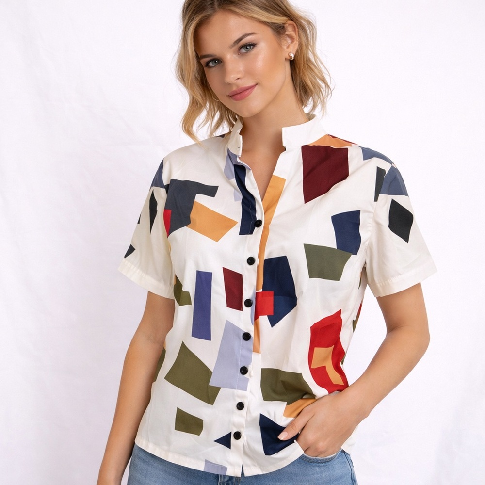 Abstract Print Button Up Blouse Short Sleeve White Chic Size M